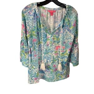 Lilly Pulitzer Del Toro Blouse Multi Color 3/4 Bell Sleeves Tassels Sz XS